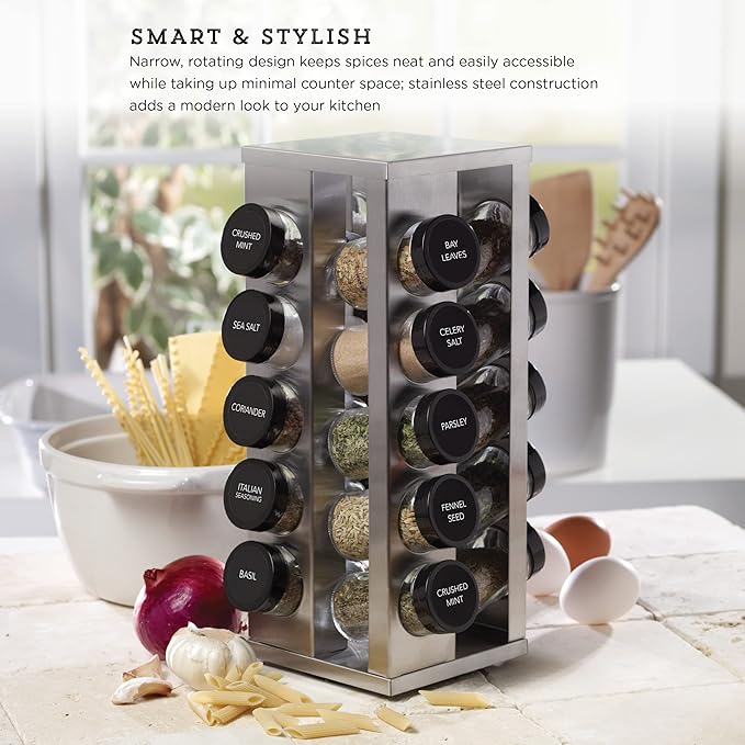 Kamenstein 20 Jar Heritage Revolving Countertop Spice Rack Organizer with Spices Included, FREE Spice Refills for 5 years, Brushed Stainless Steel with Black Caps