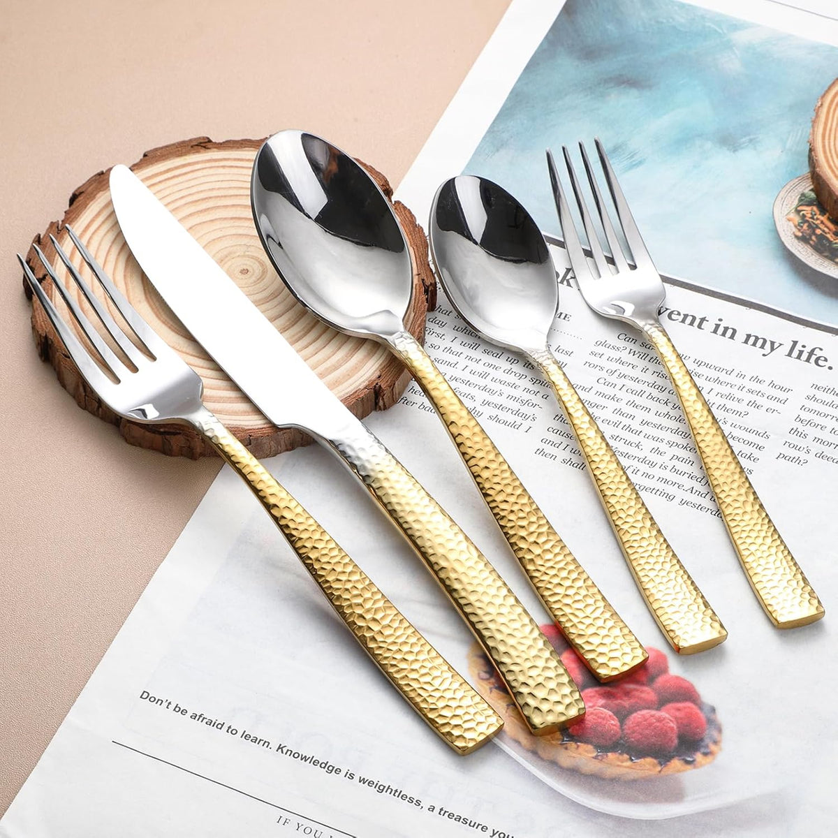 Hammered Silverware Set For 4,Forks and Spoons 18/10 Stainless Steel Heavy Duty Silverware Gold Cutlery Set 20 Piece Flatware Set,Mirror Polished,Dishwasher Safe (20 pcs gold)