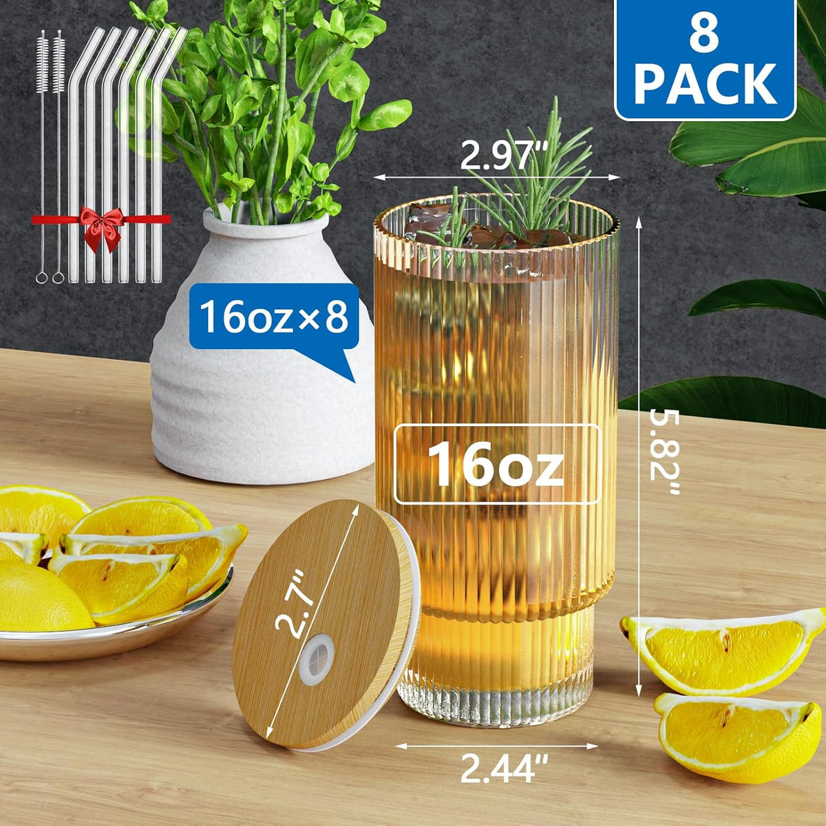 Glass Cups, 16OZ Vintage Glass Coffee Cups with Lids and Straws 8 Set, Vintage Glassware for Whiskey Cocktail Beer, Iced Coffee Cups with Lid, Glass Tumbler with Straw and Lid
