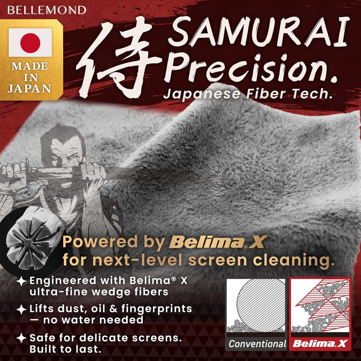 BELLEMOND「Samurai Cloth」Japanese Microfiber Cleaning Cloth | Washable, Reusable, Lint Free Cloth for Phones, Laptops, Lenses, Screens & Electronics | Made in Japan | Small | 2 Pack