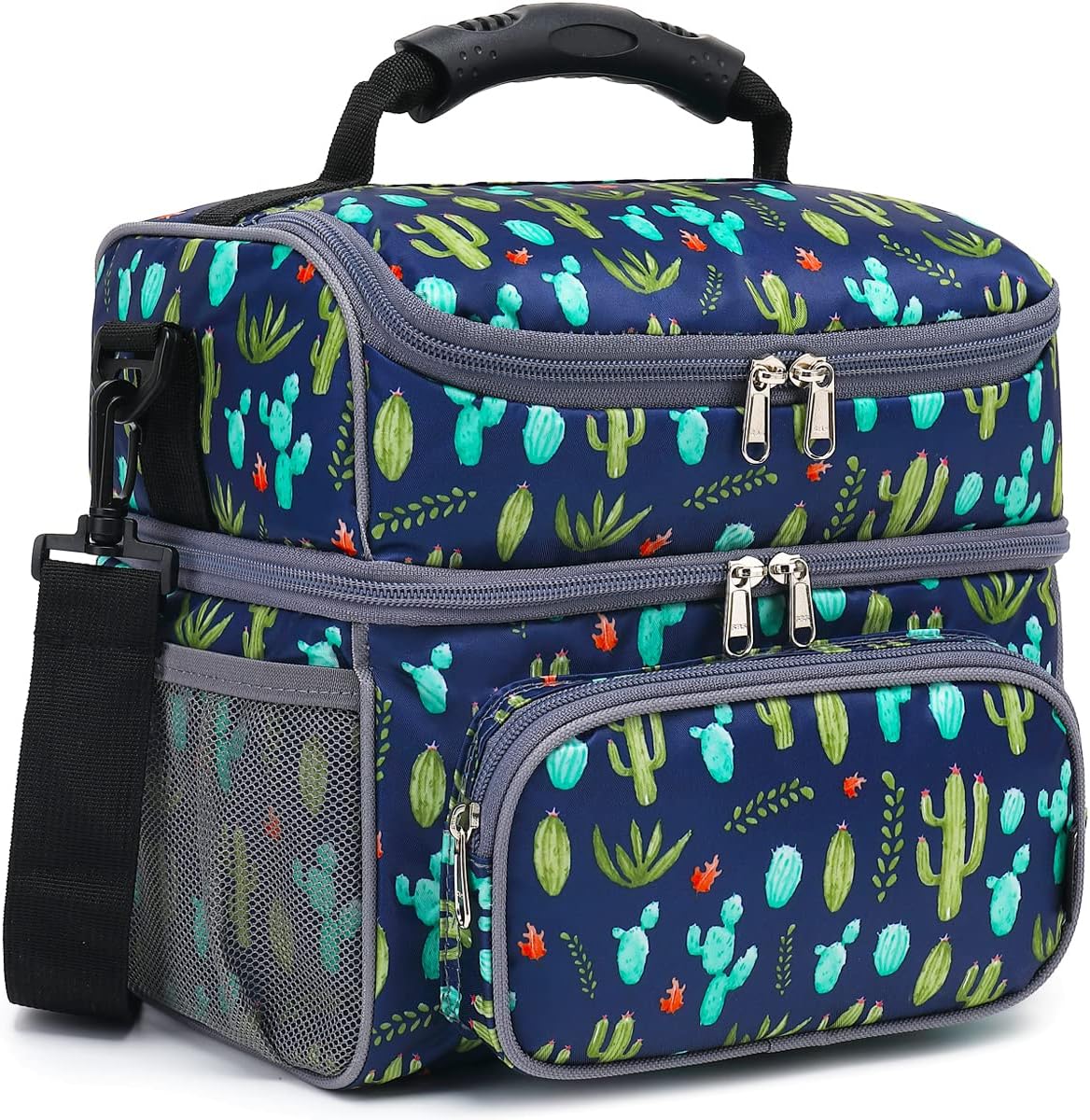 FlowFly Double Layer Cooler Insulated Lunch Bag Adult Lunch Box Large Tote Bag for Men, Women, With Adjustable Strap,Front Pocket and Dual Large Mesh Side Pockets