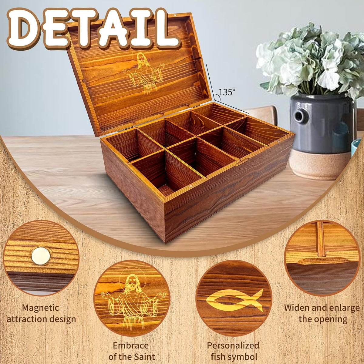 Hand-Carved Acacia Wooden Tea Box Organizer Storage Box, 8 Compartments Multi-Use Tea Bag Holder, Large Capacity for 80+ Tea Bag Storage, with Exquisite Patterns Tea Organizers and Storage