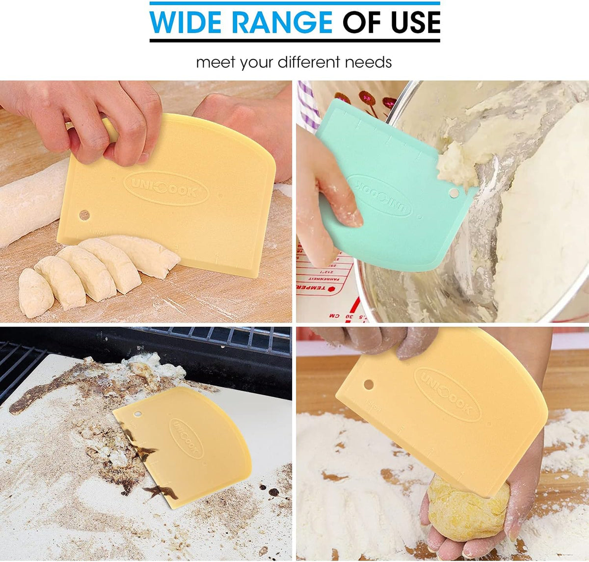 Unicook Dough Scraper, Flexible Bowl Scraper, Nonslip Bench Cutter with Measurement, Pastry Chopper, Multipurpose Kitchen Tool for Dough, Pastry, Pizza, Bread, Baking, Cake and More, 2 Pack