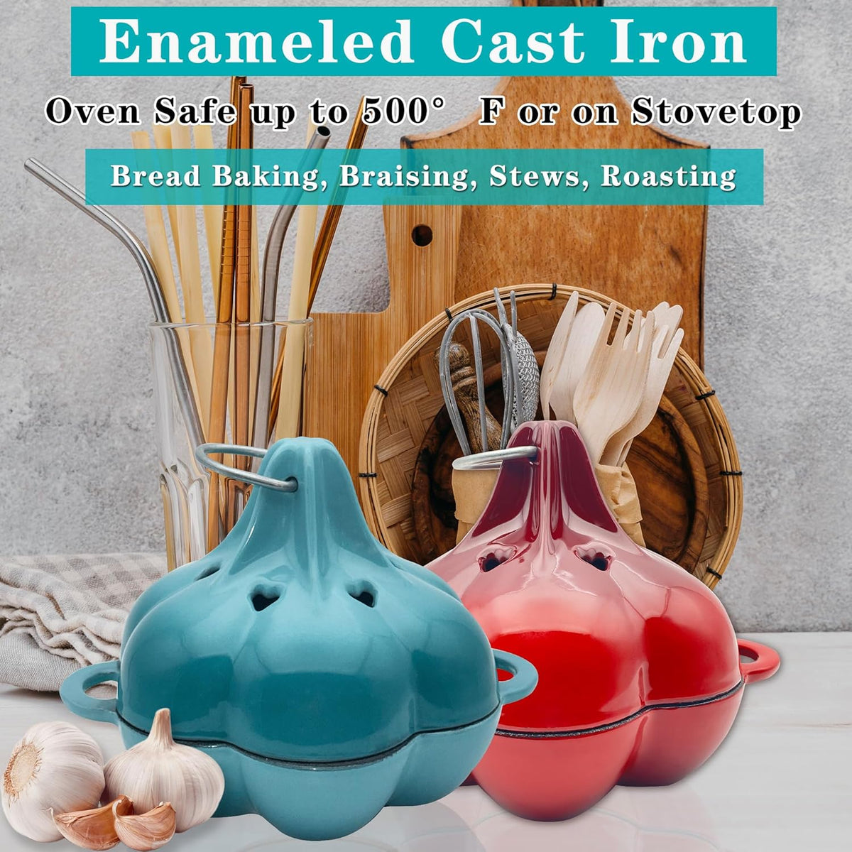 Enameled Cast Iron Smoker Roaster & Garlic Roaster Baker, Multi-Functional Box for Gas/Pellet/Charcoal Grills, Oven & Wood Stove, Enameled Dutch Oven Style Cookware, Enamelled Cooking Pot
