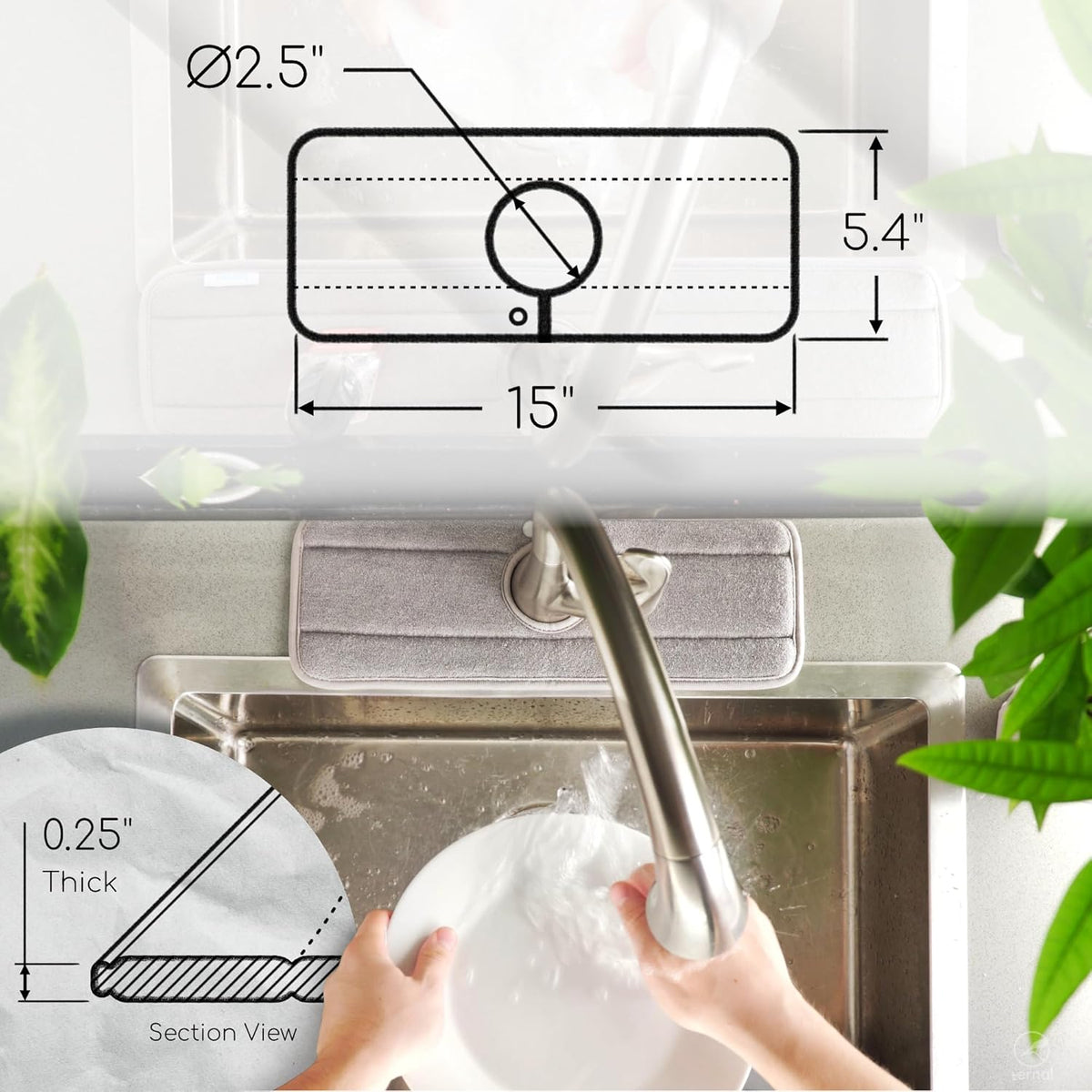 The Original Ternal Sinkmat Drip Catcher & Splash Guard, Faucet Mat for Sinks – Absorbent Microfiber, Machine Washable Counter Protector & Drying Mat for Kitchen, Bathroom or RV [Grey, 15in, 1 Pack]