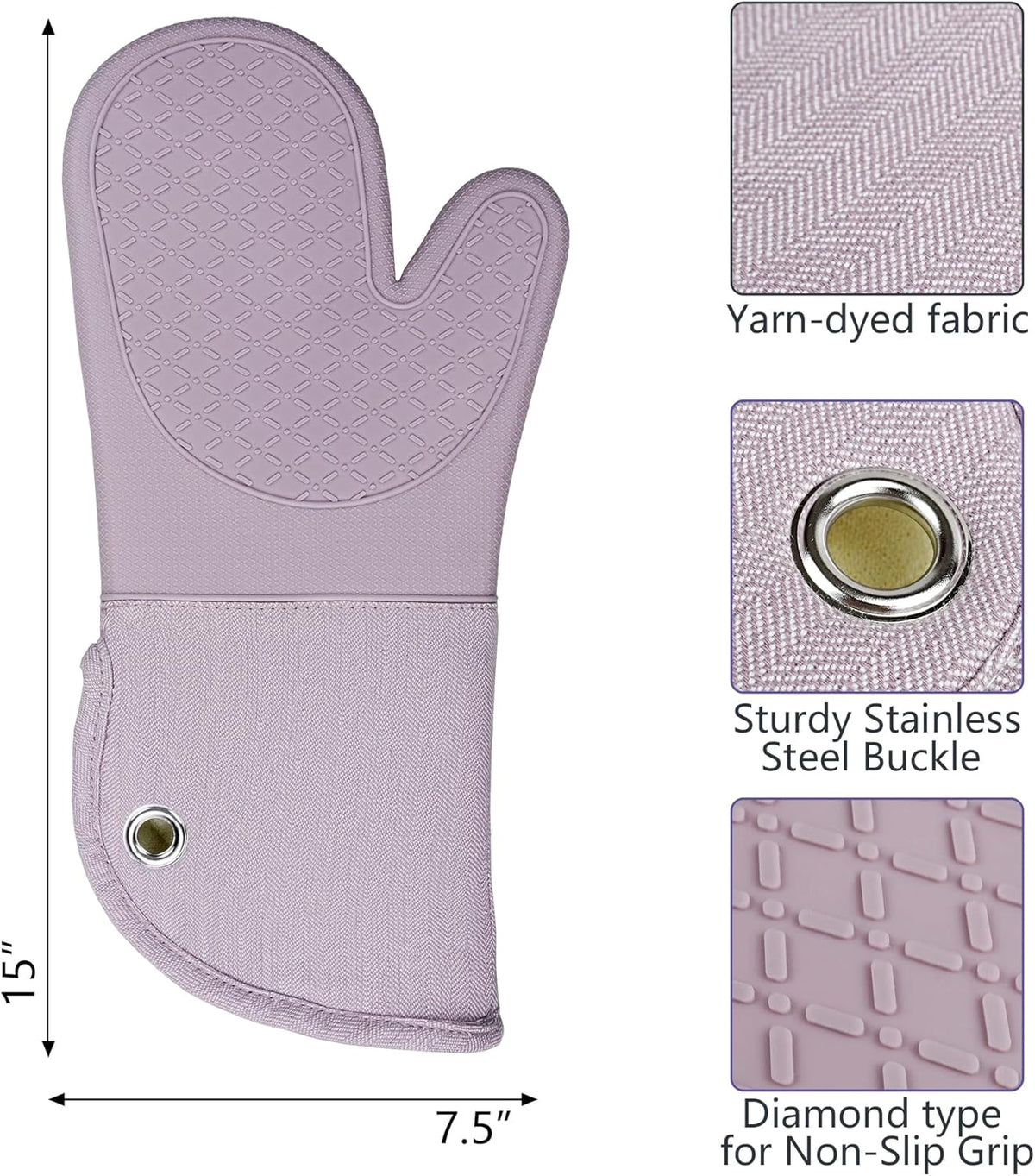 Professional Microwave Silicone Oven Mitts one Pair, Kitchen Mitten Set for Heat Resistant with 500 Degrees, Kitchen Gloves Pot Holder for BBQ Cooking Baking (Purple)