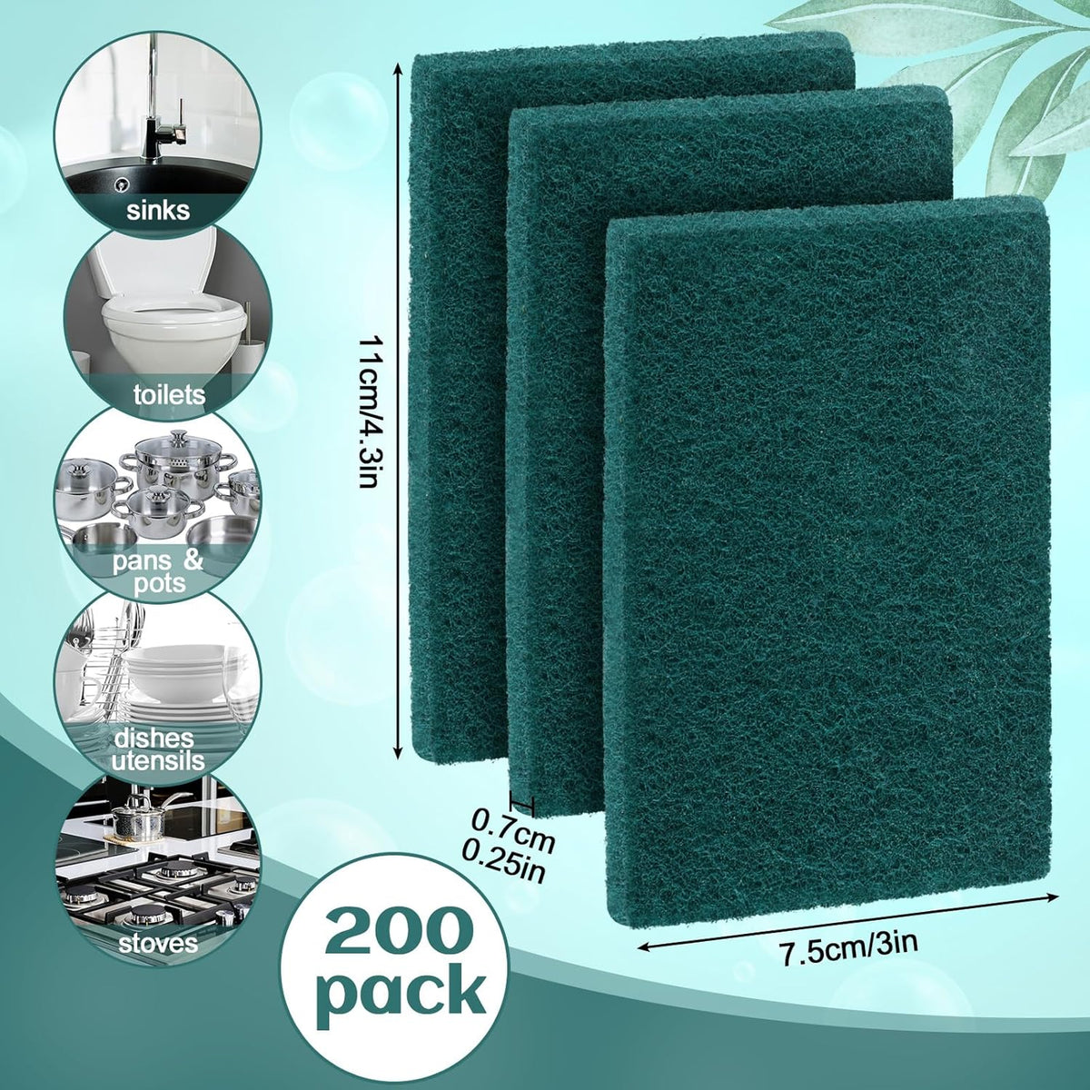 Hoolerry 200 Pcs Heavy Duty Scouring Pads Non Scratch Household Scrub Pads for Cleaning Reusable Pan Scrubber Anti Grease Scrubbing Pads for Dish Kitchen Metal Grills, 4.3 x 3 x 0.3 in (Green)