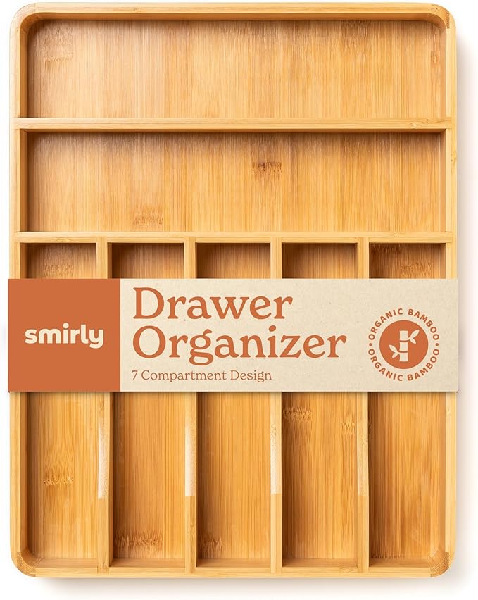 SMIRLY Silverware Drawer Organizer – Bamboo Kitchen Drawer Organizer, Adjustable Utensil Holder and Cutlery Tray, Drawer Dividers for Flatware and Kitchen Utensils