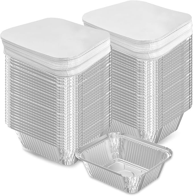 100 Pack 1 lb Disposable Aluminum Foil Pans Meal Prep Take Out Food Containers with Paper Lids for Catering, Baking, Roasting Food, Freezer Safe