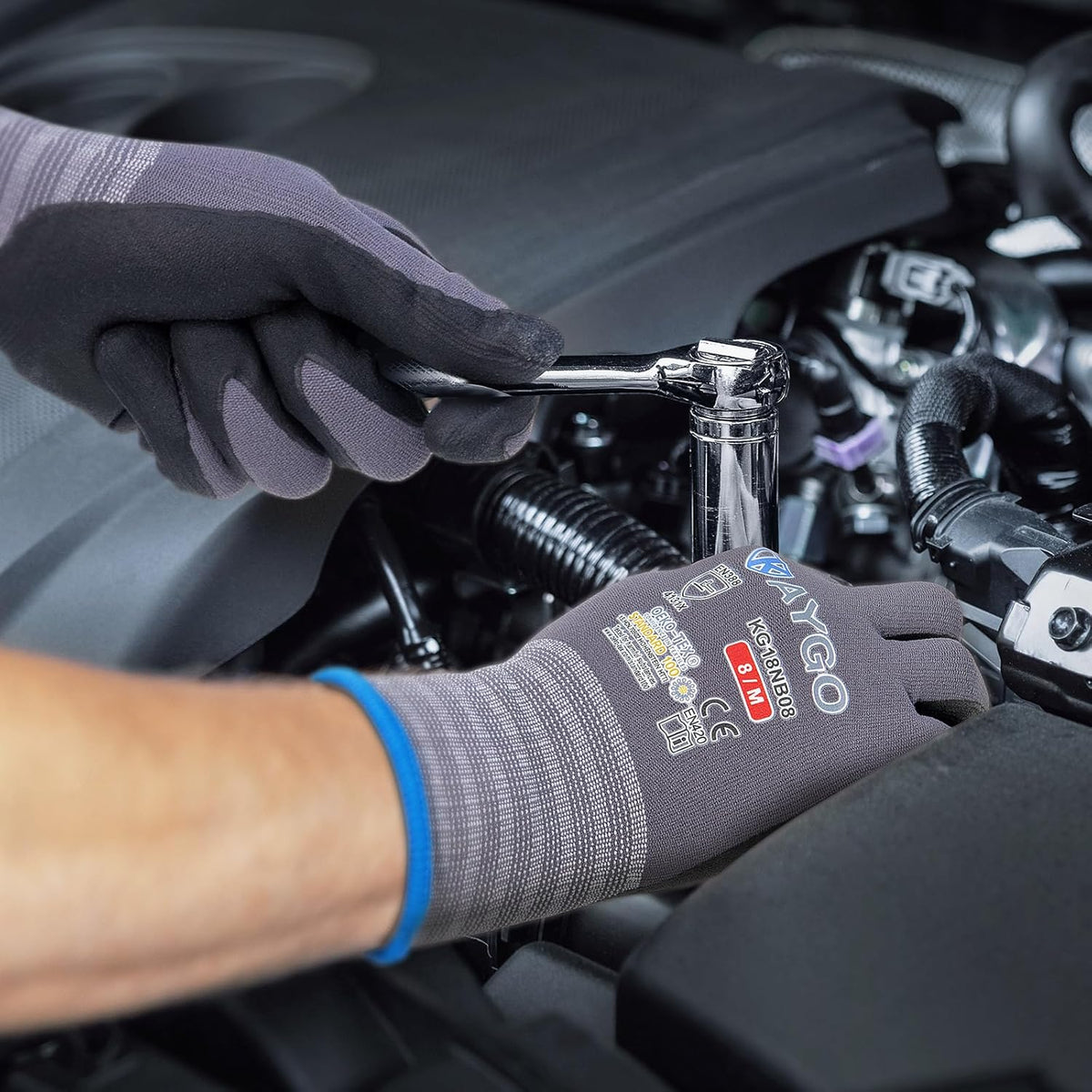 KAYGO Safety Work Gloves MicroFoam Nitrile Coated-3 Pairs, KG18NB,Seamless Knit Nylon Glove with Black Micro-Foam Nitrile Grip,Ideal for General Purpose,Automotive,Home Improvement,Red small