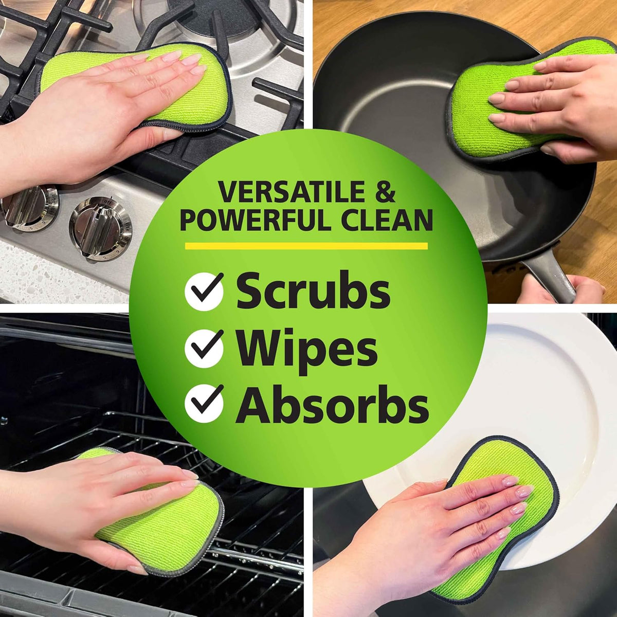 Fresh Tuff-Scrub Antimicrobial Microfiber Scrub-N-Wipe Sponge Pads, Fabric Treated with SILVADUR Antimicrobial Technology and Charcoal-Infused Foam, 6-Pack Green Large Size Pads