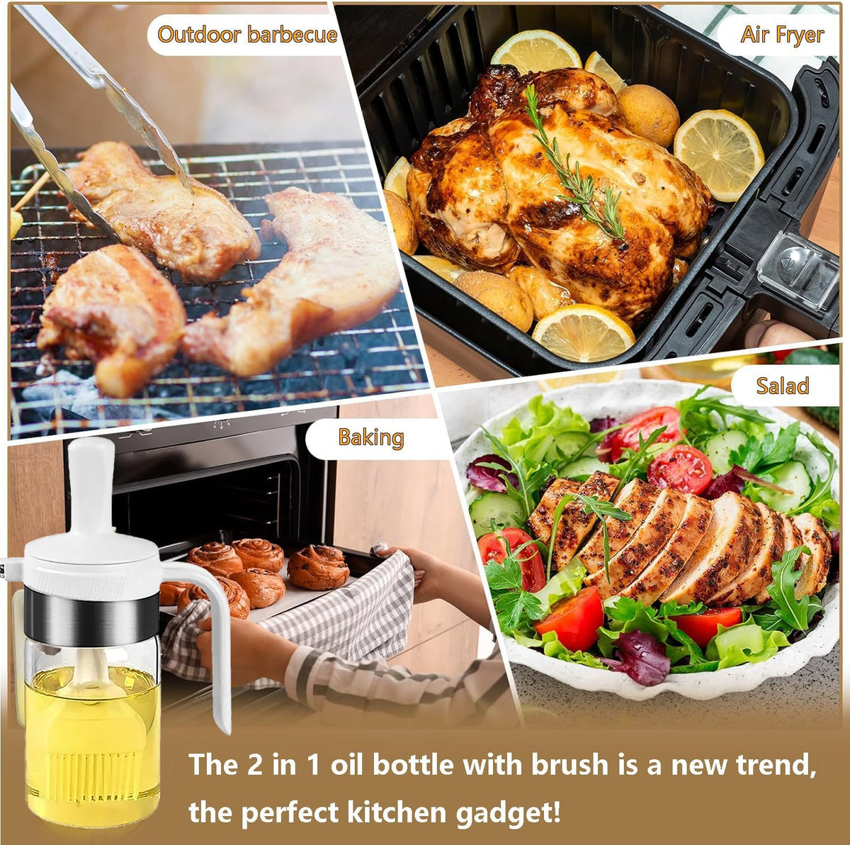 Olive Oil Dispenser Bottle with Brush- 2 in 1 Oil Dispenser & Silicone Brush for Kitchen Cooking Vinegar Sauce BBQ Salad Grill Frying- 200ml/7oz, Black