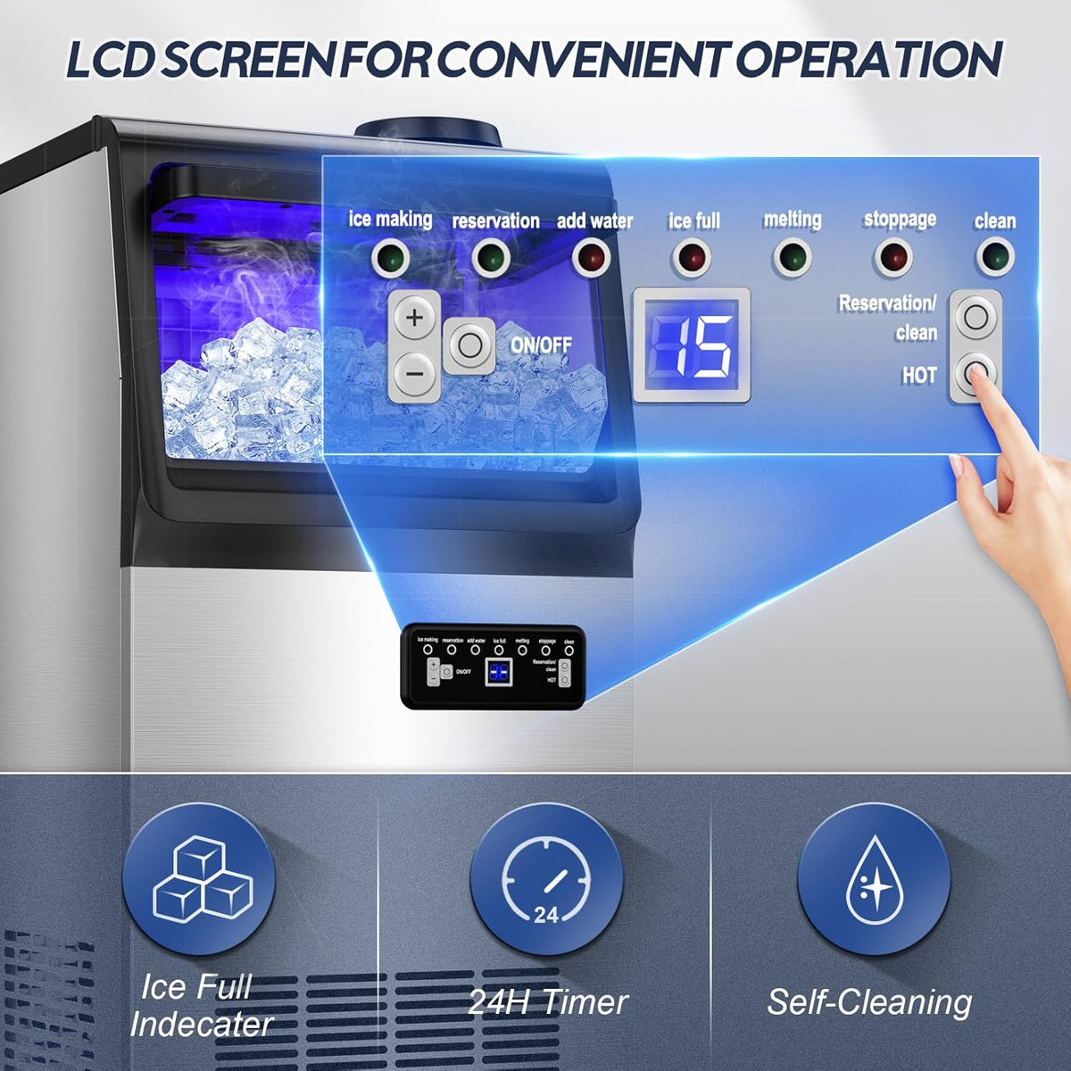 Commercial Ice Maker Machine, 110LBS/24H with 35=0LBS Storage Bin, 15" Wide Built-in Undercounter/Freestanding Ice Maker Machine for Home Bar Outdoor, 40PCS Ice Cubes Ice Machine, Self Cleaning