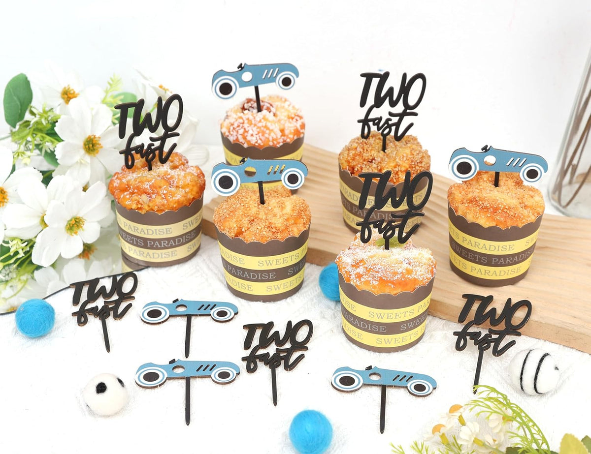 Wooden Two Fast Birthday Cupcake Toppers - Two Fast Decorations,Race Car Party Cake Toppers,Racing Car Birthday Topper (two fast cake topper)