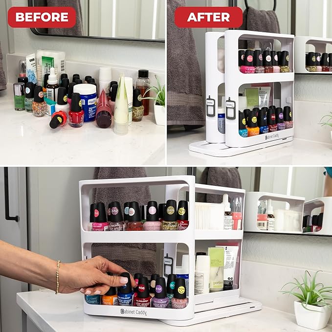 Cabinet Caddy Spice Rack Organizer for Cabinet - Slide & Rotate Kitchen Organizers and Storage - 2 Double-Decker Shelves - Non-Skid Base - Magnetic Modular Design - 10.8" H x 5.25" W x 10.8" D