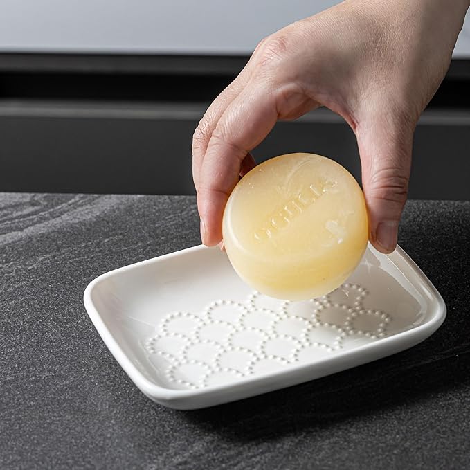 Gomakren Soap Dish for Shower, Ceramic Soap Dishes for Bar Soap Sponge, Shower Soap Holder Saver Tray for Bathroom Kitchen Sink, Easy to Clean, White