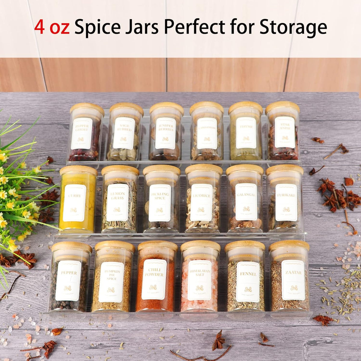 Spice Jars with Labels, 35 Pcs 4 oz Glass Spice Jars with Bamboo Lids, Minimalist Stackable Airtight Spice Containers with 426 labels for Home Kitchen, Pantry, Spice Cabinet, Drawer, Rack
