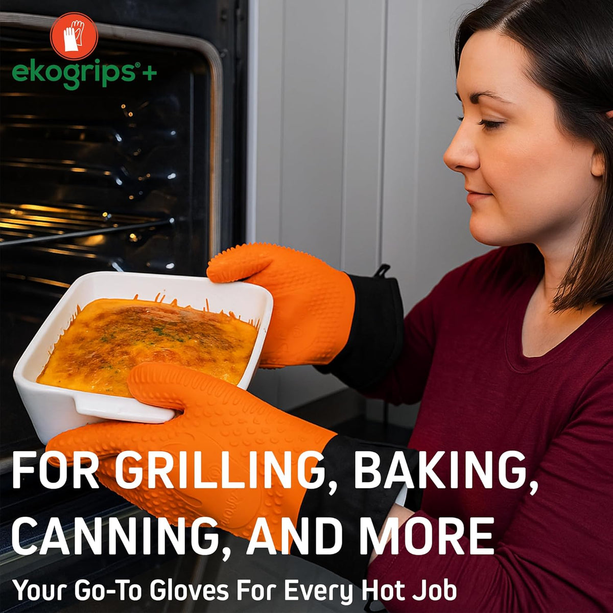 Ekogrips Plus Oven Gloves with Fingers, Comfy Waterproof Silicone Oven Mitts Heat Resistant with Long Cuff, Insulated BBQ Gloves Perfect for Grilling, Baking, Smoker, Canning, and Pizza, Black, OSFM