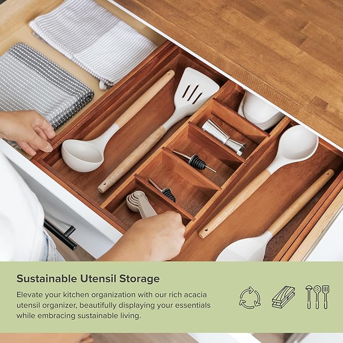 Adjustable Kitchen Drawer Organizer for Utensils and Junk, Food-Safe Contract Grade with 100% Sustainable Wood, Non-Slip, Expandable from 18.5 to 33 Inches Wide - Natural Acacia
