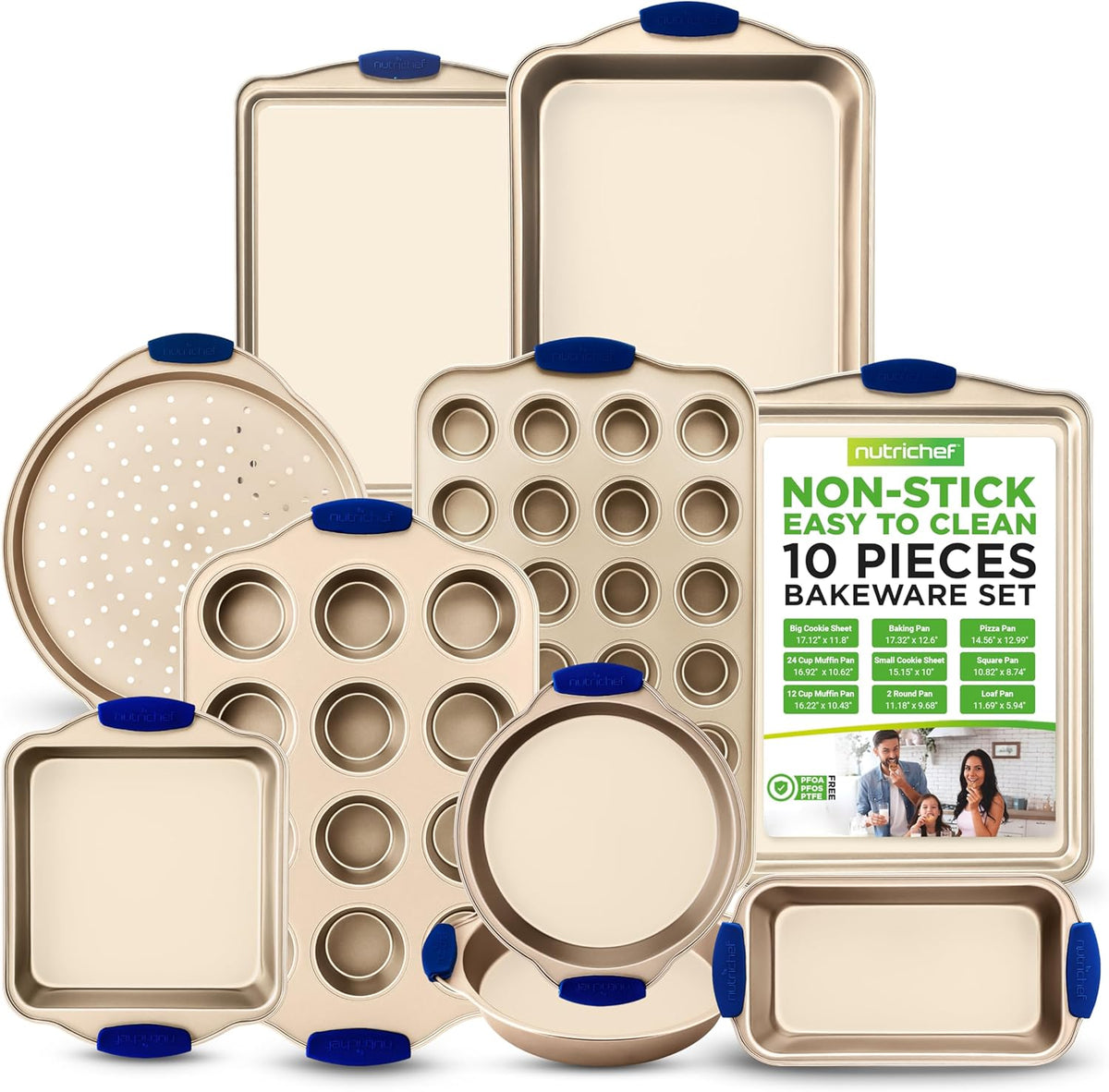 NutriChef 10-Piece Nonstick Bakeware Set - Premium Carbon Steel Baking Trays w/Heatsafe Silicone Handles, Includes Pizza Crisper, Loaf Pan, 12 & 24 Cup Muffin Pans, Round/Square Pans, Cookie Sheets