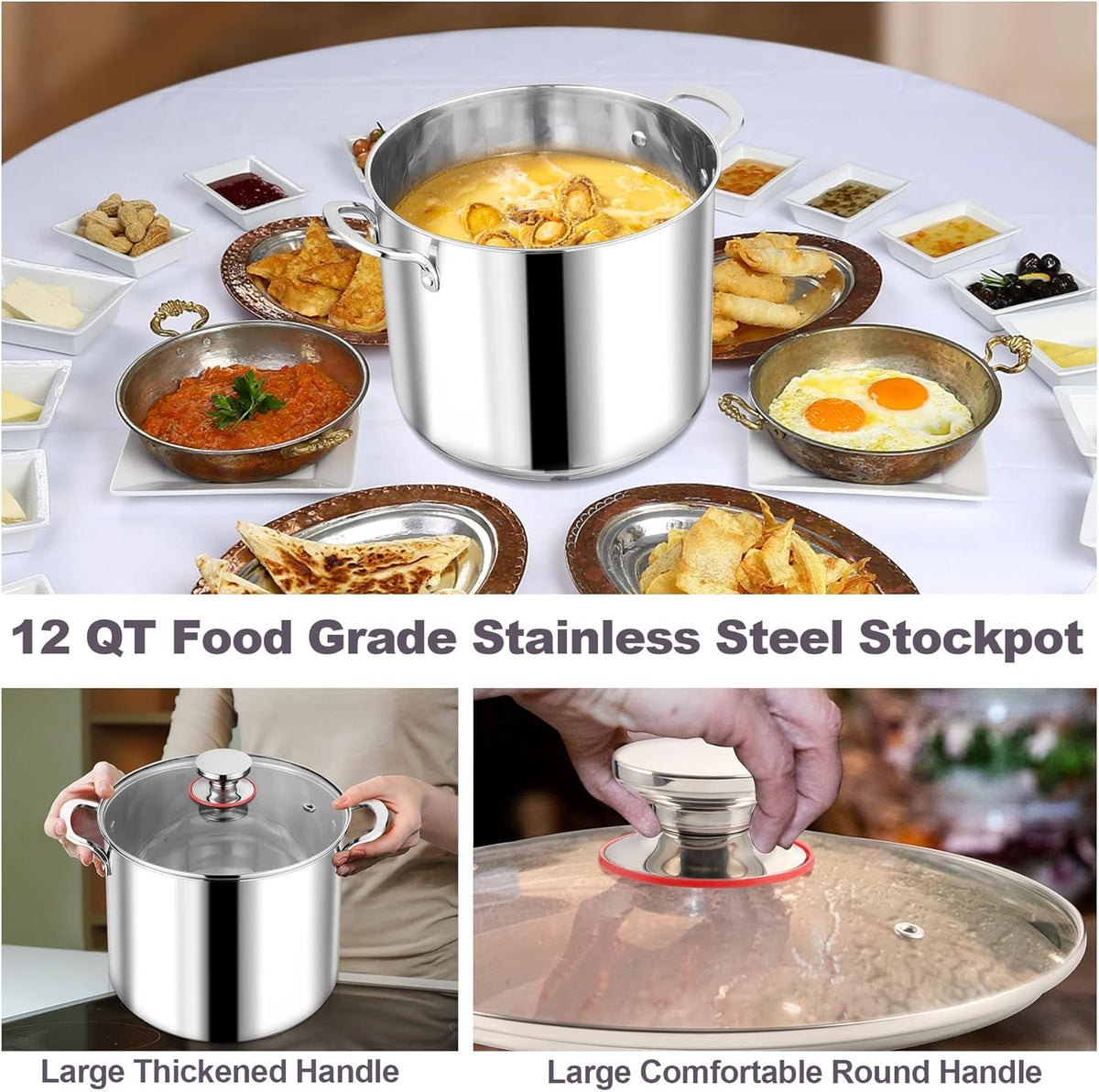 LIANYU 12QT 18/10 Stainless Steel Stockpot with Lid, Large Cooking Soup Pot, Big Cookware, 12 Quart Tall Canning Pasta Induction Pot with Measuring Mark for Boiling Strew Simmer