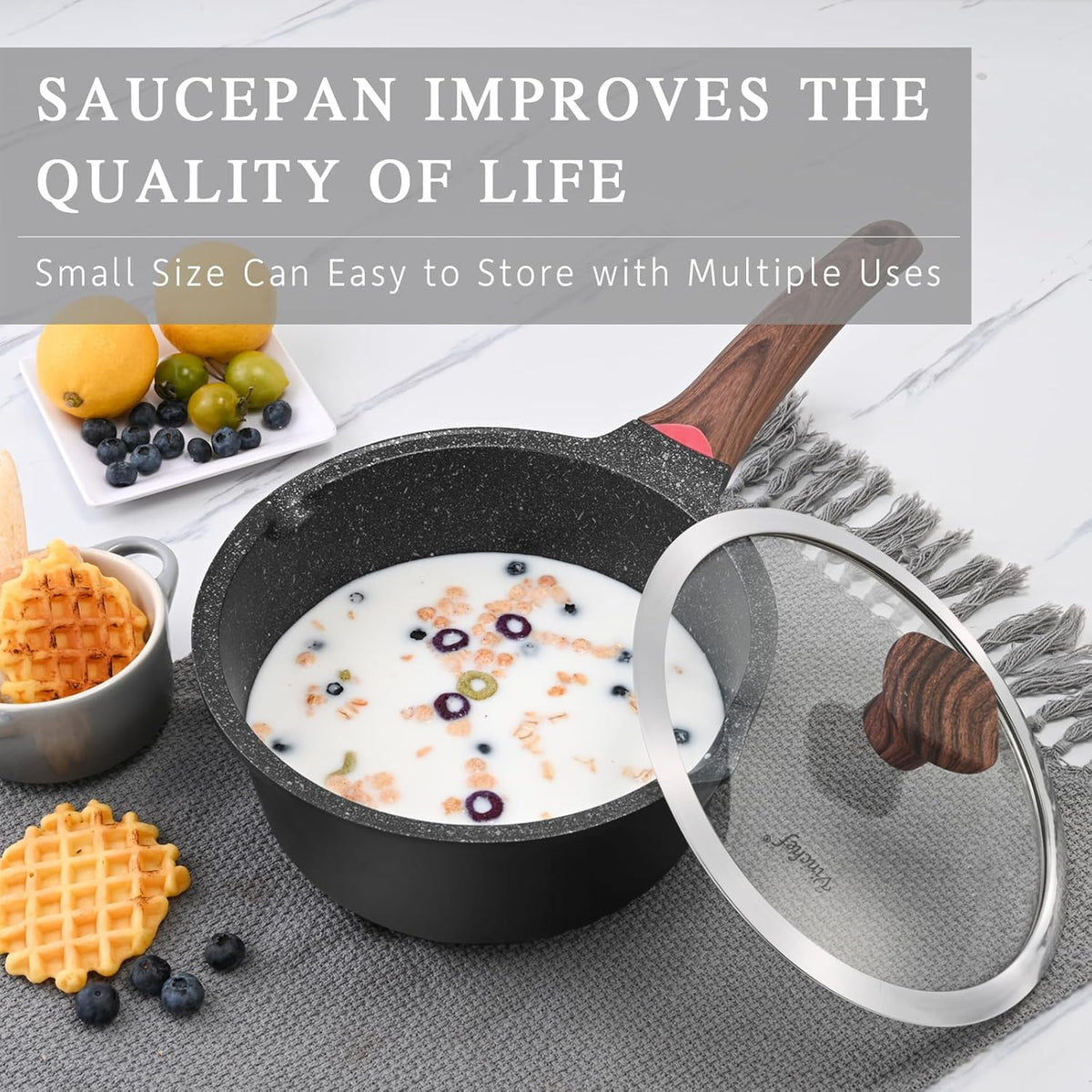 VINCHEF Sauce Pan Set with Lid 10PCS, 2QT+3QT+4QT Non Stick Sauce Pots Cooking Induction Pot set, Silicone Tools and Pot Protectors, PFAS and PFOA Free Black