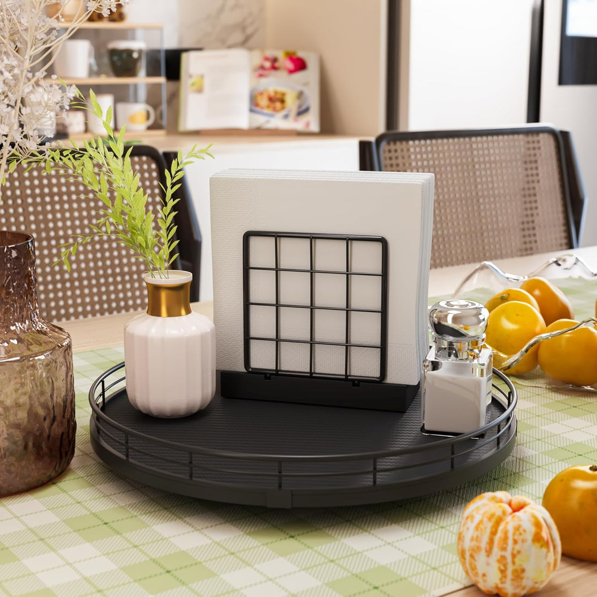 13" Lazy Susan Turntable Organizer for Table Top, Round Wooden Lazy Susan for Cabinet Kitchen Decor Centerpieces Coffee Table, Storage Condiments Spices, Bathroom Vanity Tray for Soap, Black