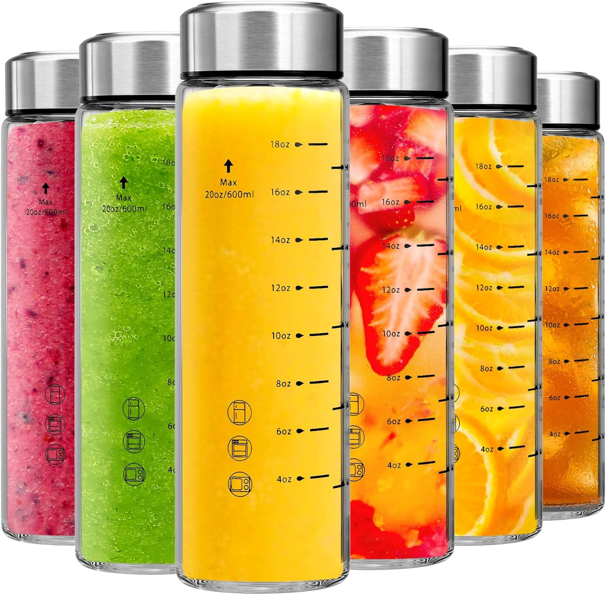Glass Juice Bottles 6 Pack 20 oz - Wide Mouth Glass Water Bottles with Lids - Borosilicate,Stainless Steel Lids for Juicing, Smoothies, Infused Water, Beverage Storage, Leakproof, Reusable,BPA Free
