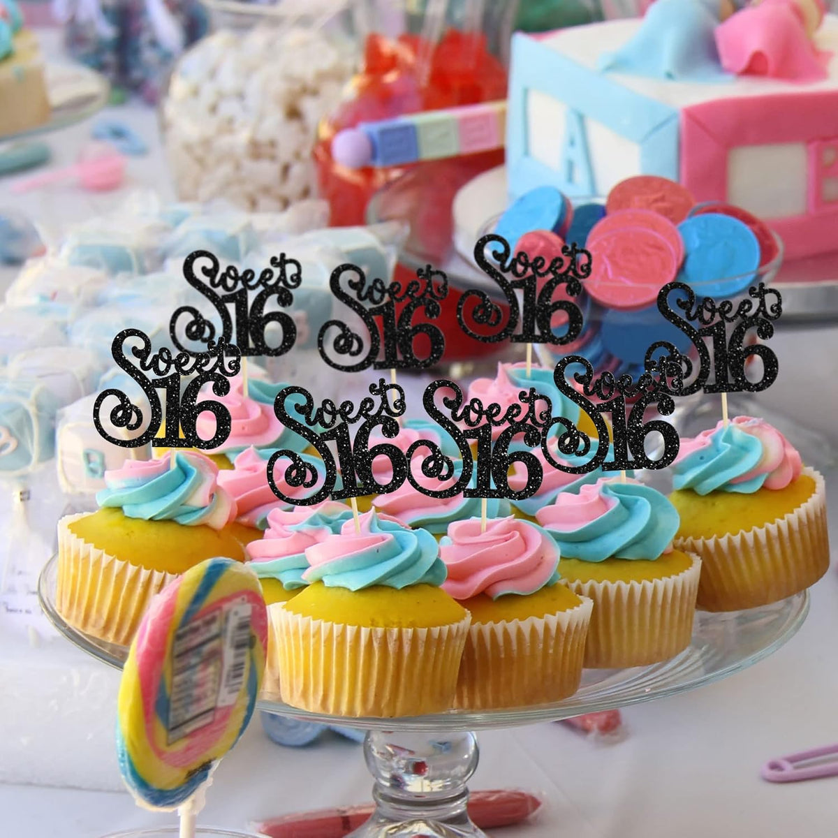 Gyufise 24 Pack 16th Birthday Cupcake Toppers Glitter Sixteen Happy Sweet 16 Cupcake Picks Cheers to 16 Years Old Cupcake Decorations for 16th Birthday Anniversary Party Cake Decorations Black