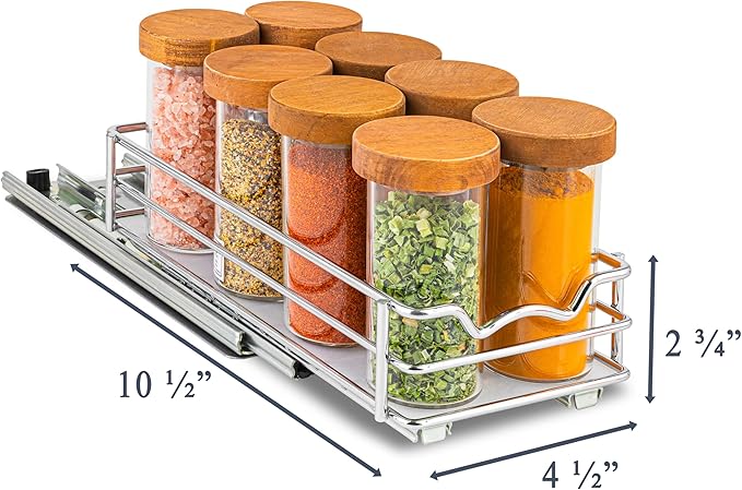 Pull Out Cabinet Organizer for Spices, Cans - Heavy Duty with Lifetime Limited Warranty- Pull Out Spice Rack- Cabinet Pull Out Shelf for Cans,Dishes, Etc, 4-1/2"W x 10-1/2"D x 2-3/4”H, Chrome