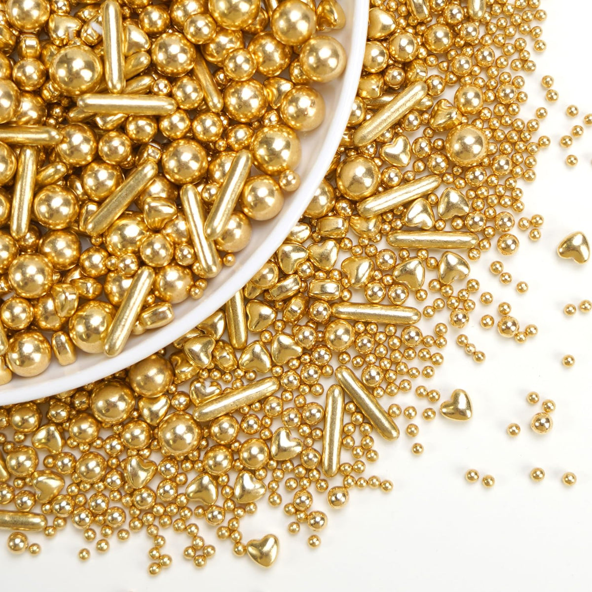 Dazzjoy Edible Gold Pearl Heart Rods Sprinkles, 130g/4.58oz, Mix Size, Gold Pearl Sprinkles for cupcake decorating, Cupcake Toppers Cake Decorations, Wedding Party Halloween Christmas Supplies