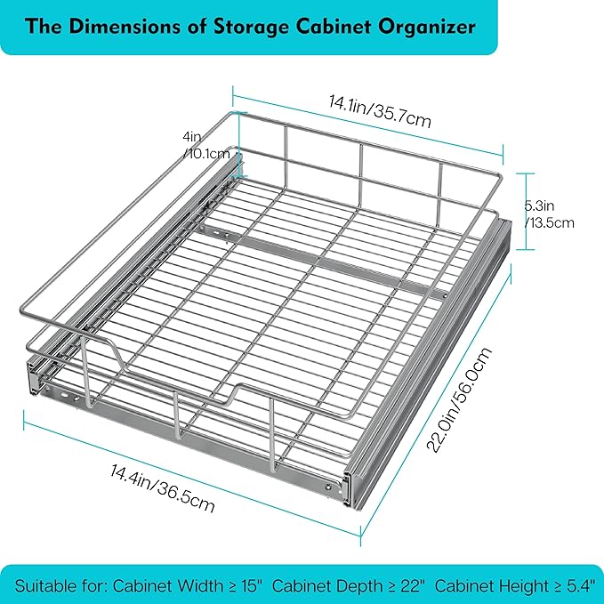 Pull Out Cabinet Organizer 14" W X 22" D, Slide Out Drawers For Kitchen Organizers and Storage, Pull Out Drawers For Cabinets Capacity Heavy Duty Caddy, Cabinet Shelves Chrome-Plated, Bathroom Pantry