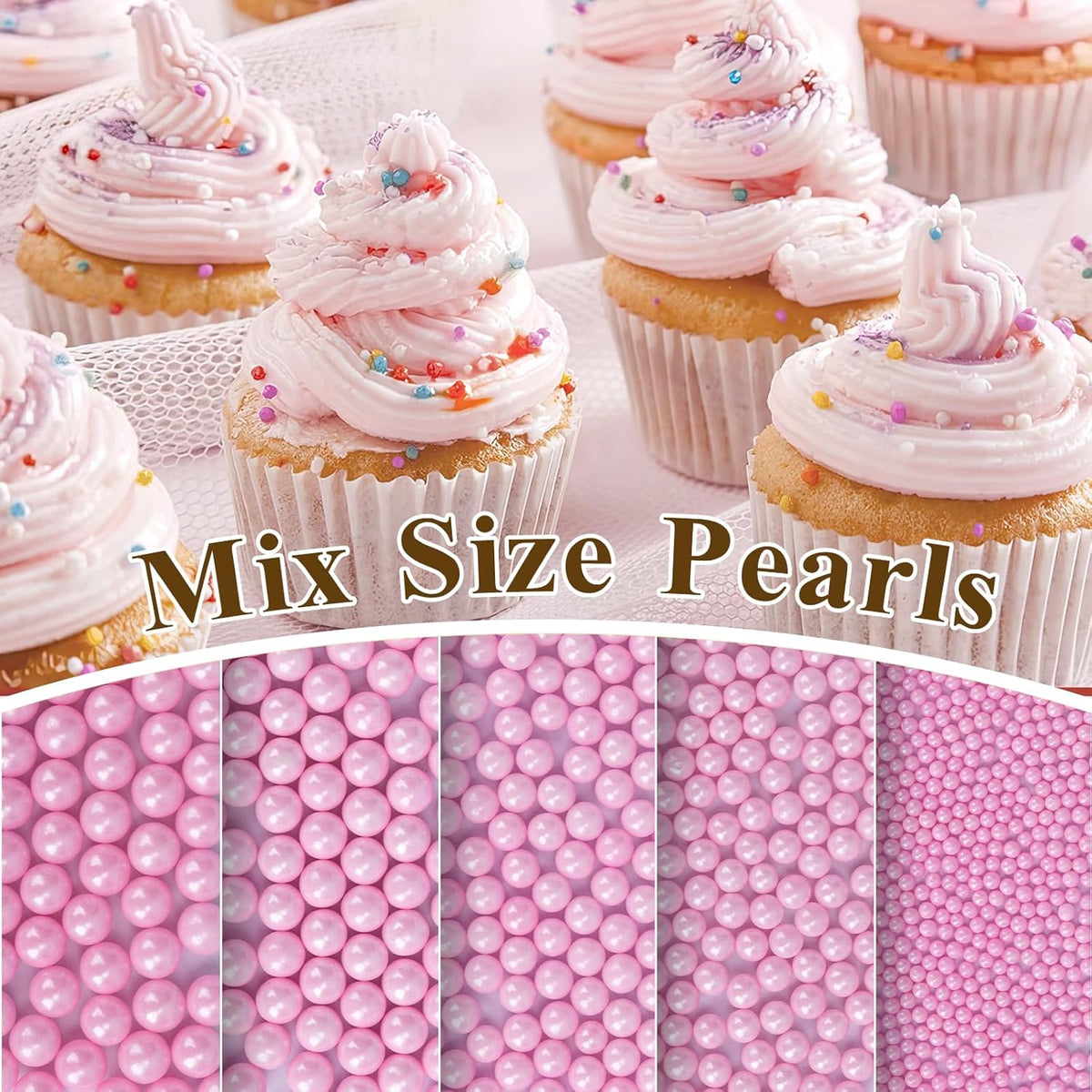 Twisweet Pink Pearl Sprinkles for Cake Decorating, Edible Sugar Pearls for Baking, Mix Size, Cake Topper Cupcake Cookie Ice Cream Dessert Decorations, Baby Shower Wedding Birthday Valentine Supplies (130g/4.58oz)