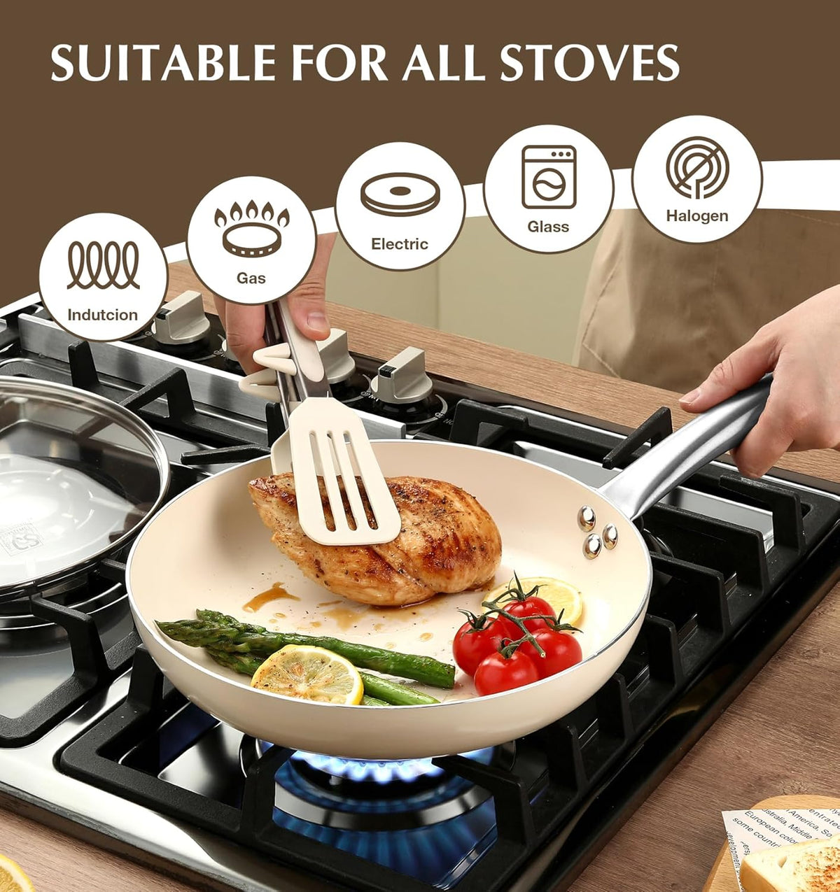 KOCH SYSTEME CS Nonstick Frying Pan with Lid, 8 Inch Non-Stick Skillet with Stay-Cool Stainless Steel Handle, Omelet Pan with Nonstick Ceramic Coating, PFOA Free, Oven Safe, Cream White