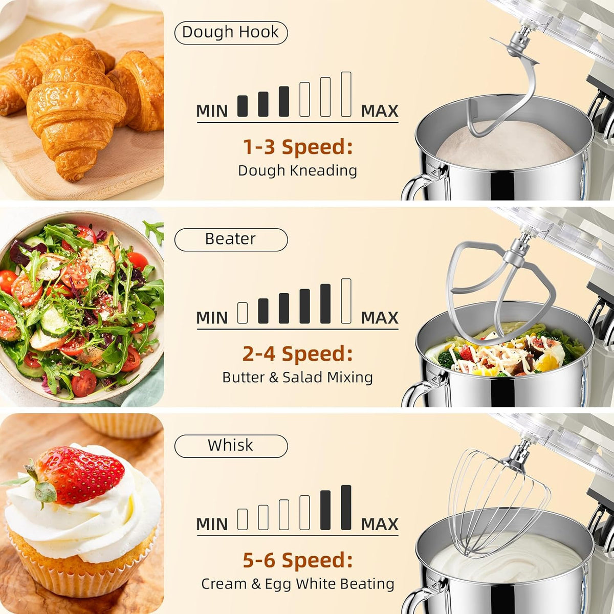 8.45 QT Stand Mixer - 660W 6 Speed Large Capacity Kitchen Electric Mixer with Whisk Dough Hook Mixing Beater Household Food Mixer for Baking Cakes Cookie Bread Salad (White)