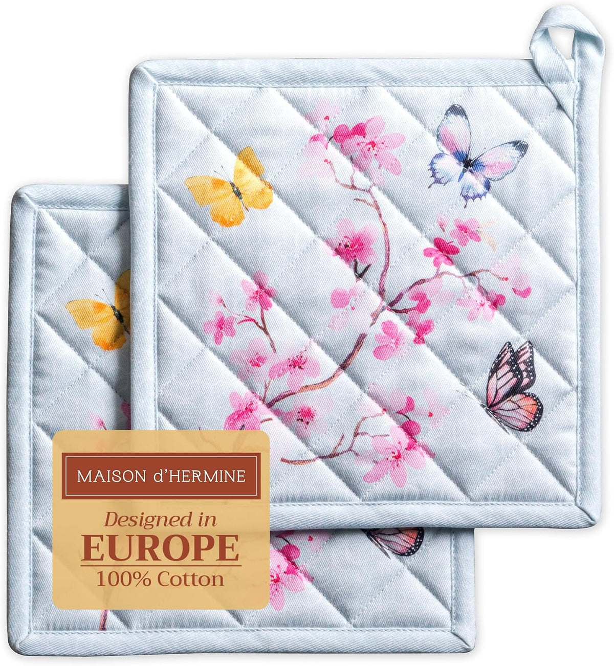 Maison d' Hermine Pot Holders Set 100% Cotton Heat Resistant Potholders 8" x 8" Hot Pads with Loop BBQ, Cooking, Grilling, Kitchen, Handling Hot Pans Spring/Summer (Pack of 2, Blossoms in Spring)