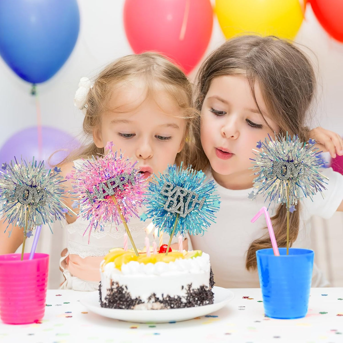 LOLStar 12 Pcs Happy Birthday Cake Toppers, Foil Firework Cupcake Toppers Blue Pink Sparkle Tinsel Drink Stirrers Cake Party Decoration, Cocktail Food Fruit Toothpick for Holiday Photo Booth Props