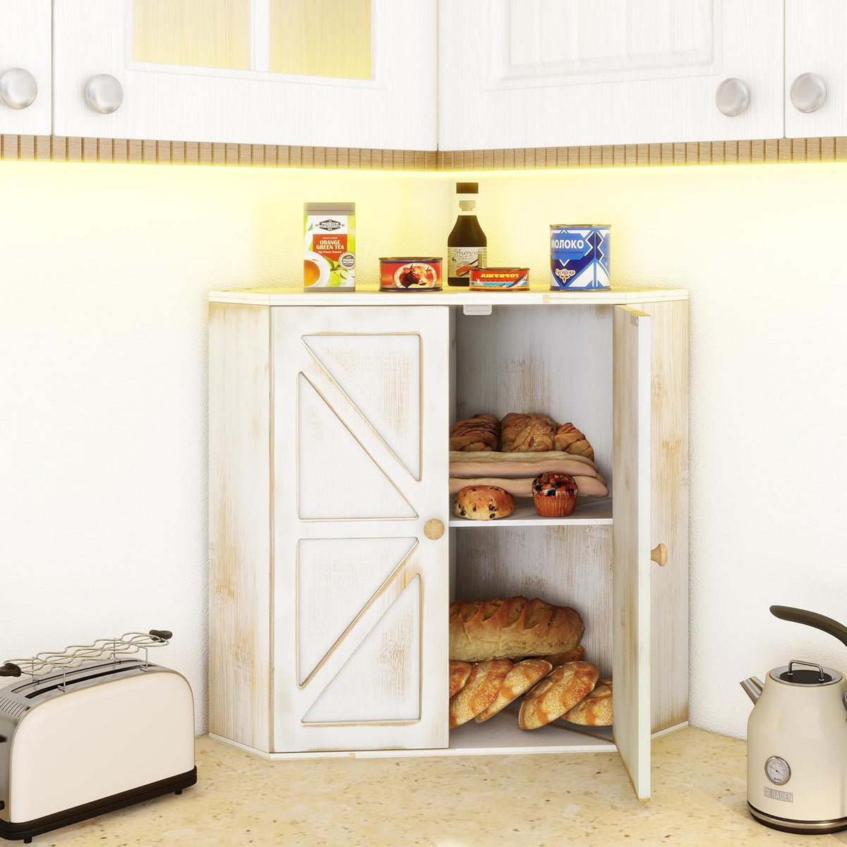 Corner Bread Box for Kitchen Counter Double Layer Bamboo Bread Storage Container Large Capacity Bread Storage Bin Farmhouse Breadbox Organizer
