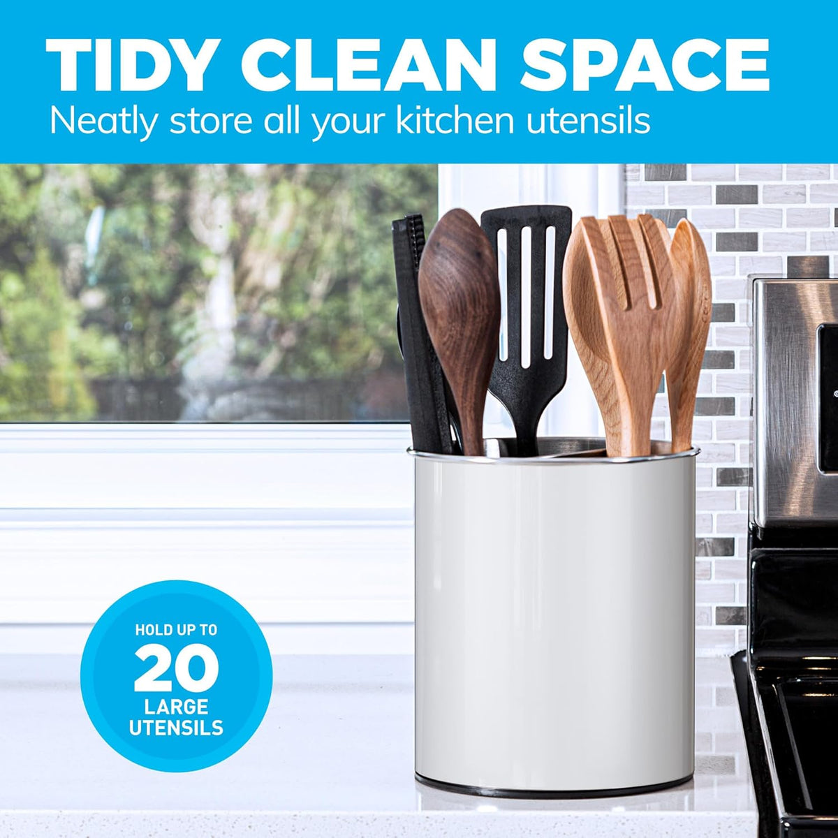 Rotating Extra Large Stainless Steel Utensil Holder Caddy with Sturdy No-Tip Weighted Base, Removable Divider, and Gripped Insert Bottom - Dishwasher Safe Metal Cooking Utensil Holder (White)