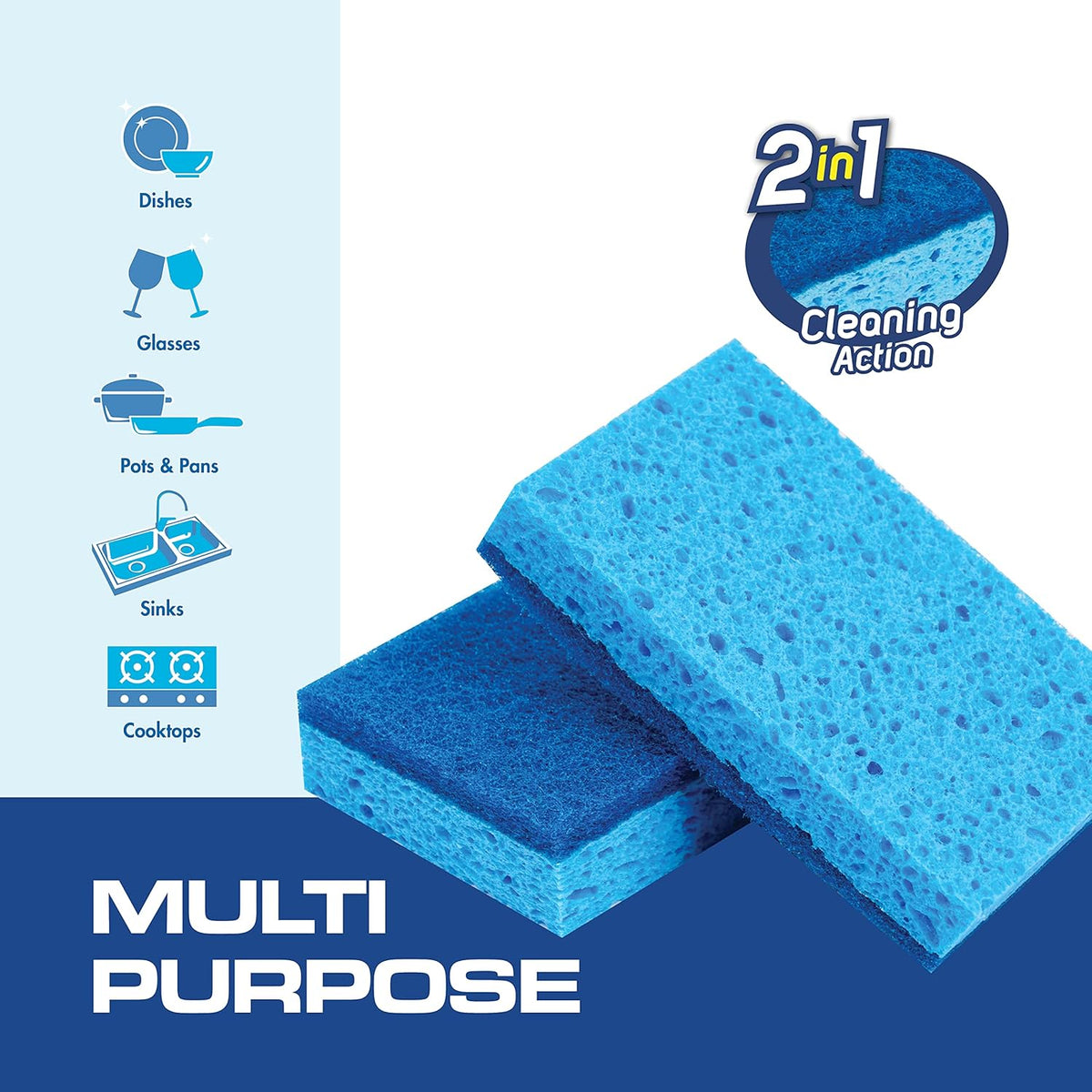 SCRUBIT 48 Pack Kitchen Sponges - Dish Sponge for Washing Dishes, Kitchen & Bathroom – Blue Dishwashing Sponges Along with A Thought Scrubber – Bulk Cleaning sponges Kitchen (Blue)