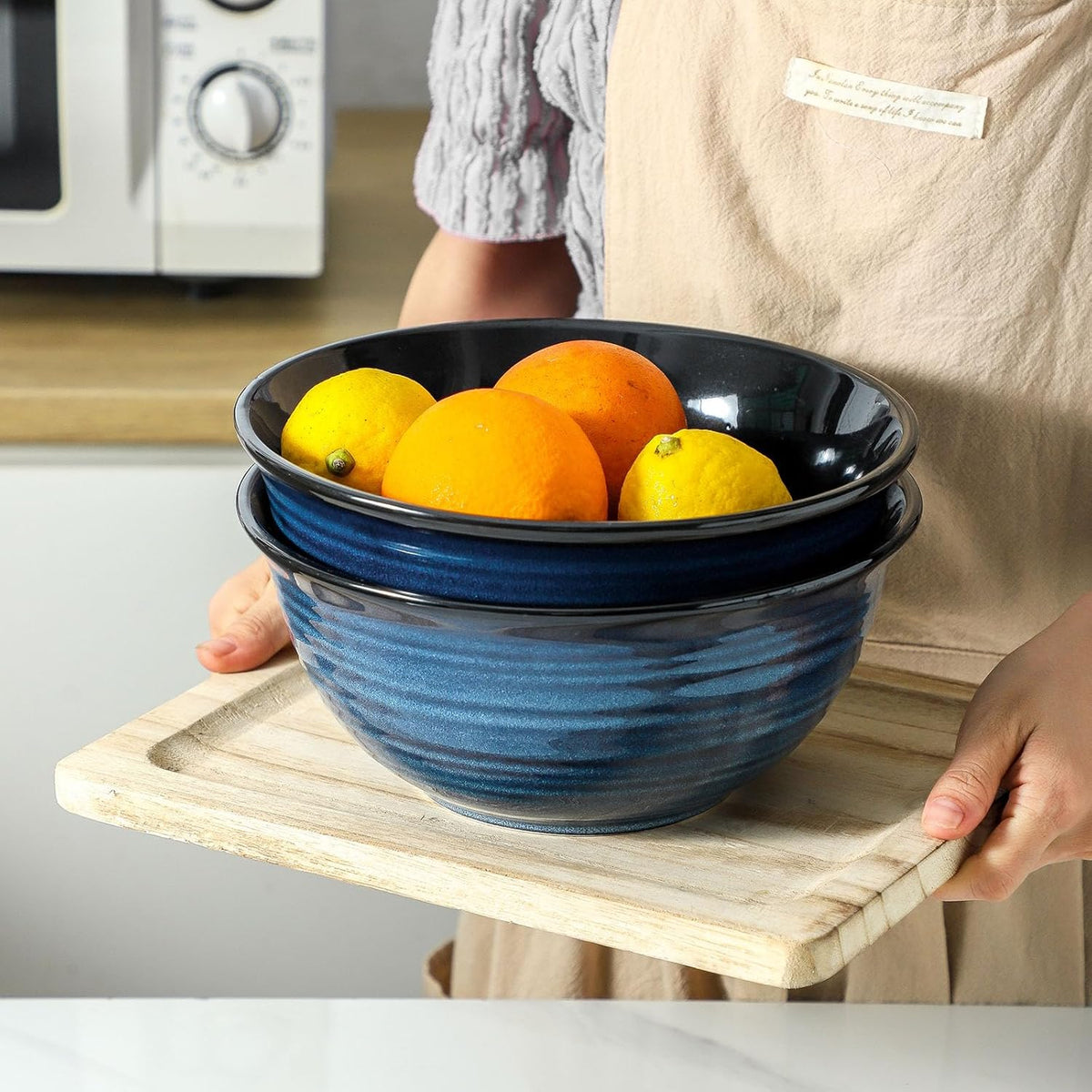 MEKY Ceramic Mixing Bowls Set of 2, 84OZ Large Nesting Salad Bowls - Perfect for Cooking, Baking, Soup, Pasta, Fruit and Popcorn, Deep Bowls Ideal for Microwave and Dishwasher Safe (Blue)
