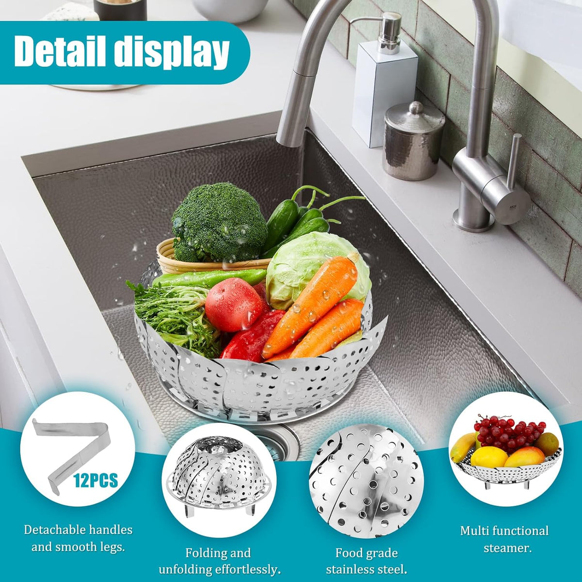 Vegetable Steamer Basket for Cooking with Extendable Handle, 3 Size Folding Veggie Steamer Insert, Expandable Food Steamer Fit Various Size