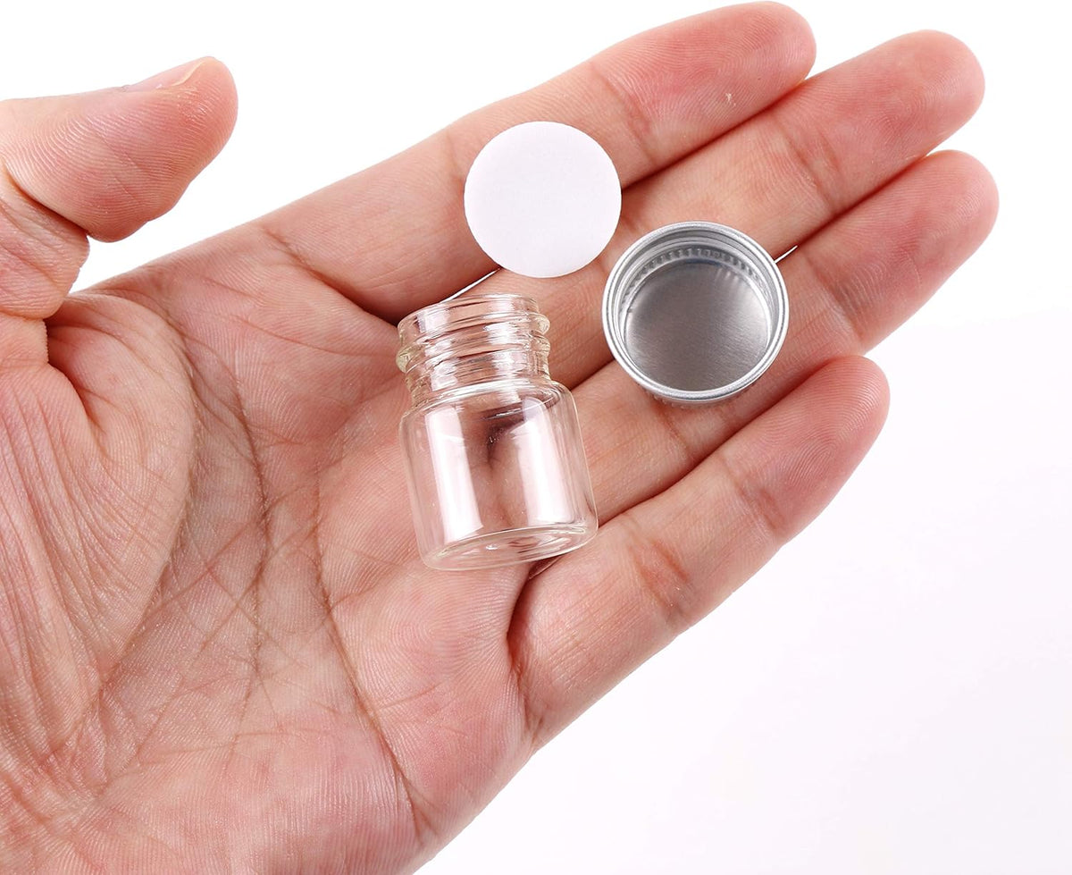 MaxMau Mini Glass Bottles with Screw Caps 5ml 24 Sets Aluminum Top Metal Lids 5 Milliliter Tiny Vials Small Jars DIY Storage Art Craft Decor