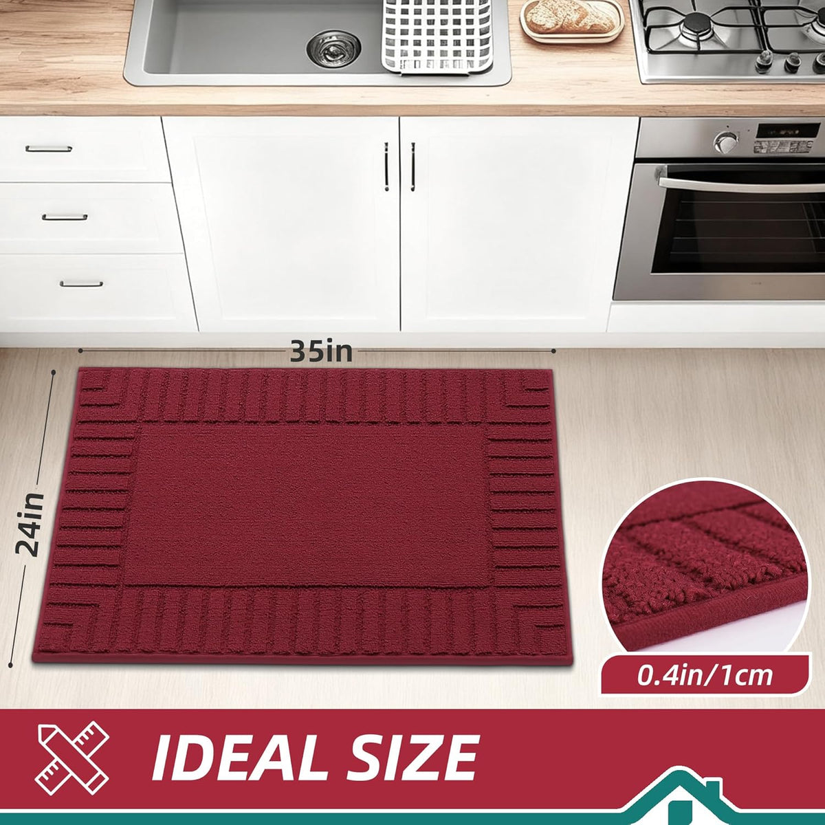 BEQHAUSE-Kitchen-Rugs-and-Mats Non Skid Washable Kitchen Mats for Floor Red Kitchen Rug Polypropylene Kitchen Mat with TPR Backing 24”x35”