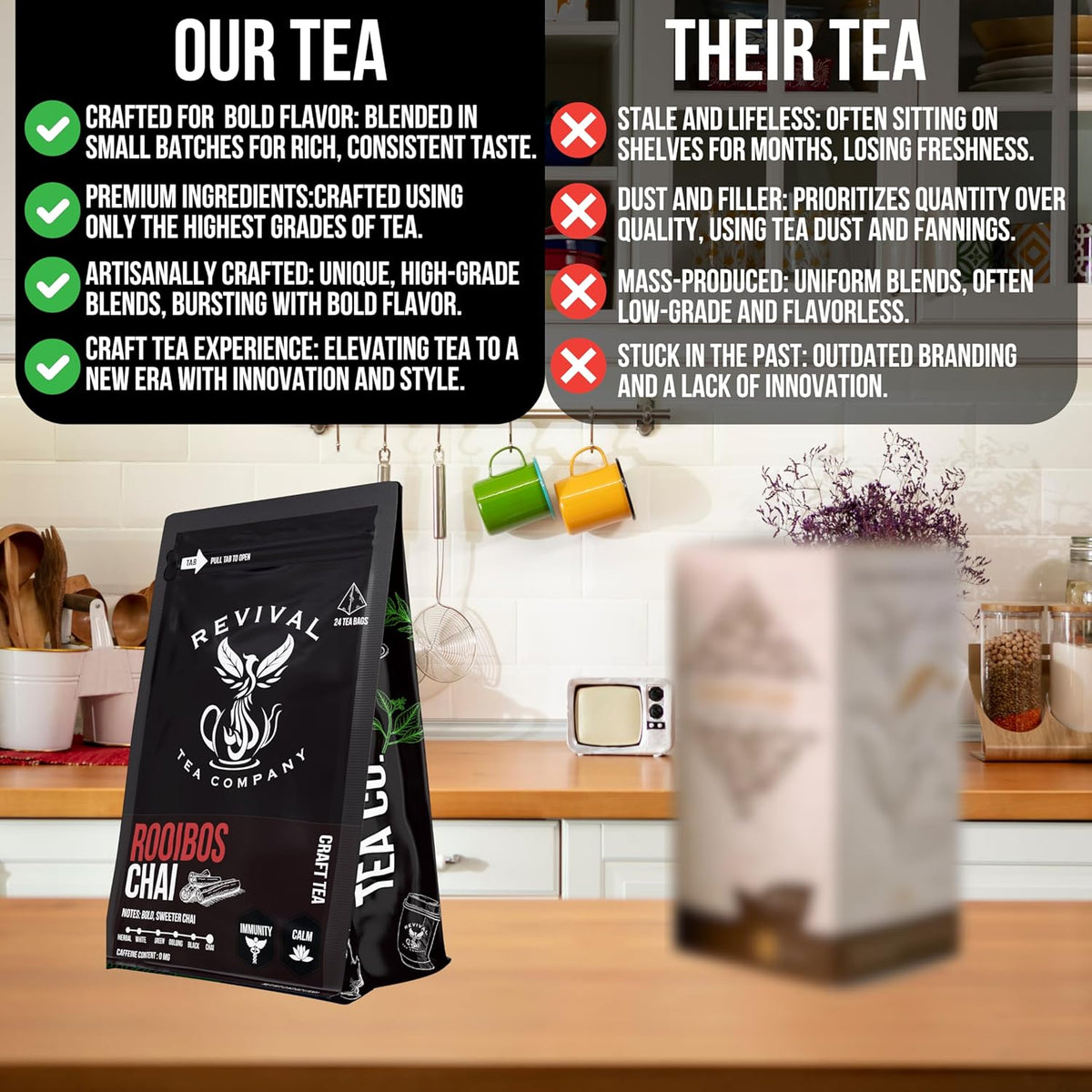 Revival Tea Company Rooibos Chai Tea - Rooibos Red Tea Blend with Fresh Spiced Chai Flavor - Caffeine Free - 24 Tea Bags