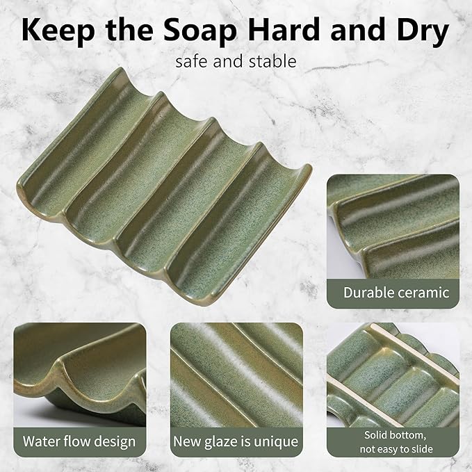 Ceramic Soap Dish, Draining Bar Soap Holder Tray, Soap Saver for Shower, Bathroom, Sink, Kitchen and Countertop, Decorative Square Soap Dish, Green 1 Pcs