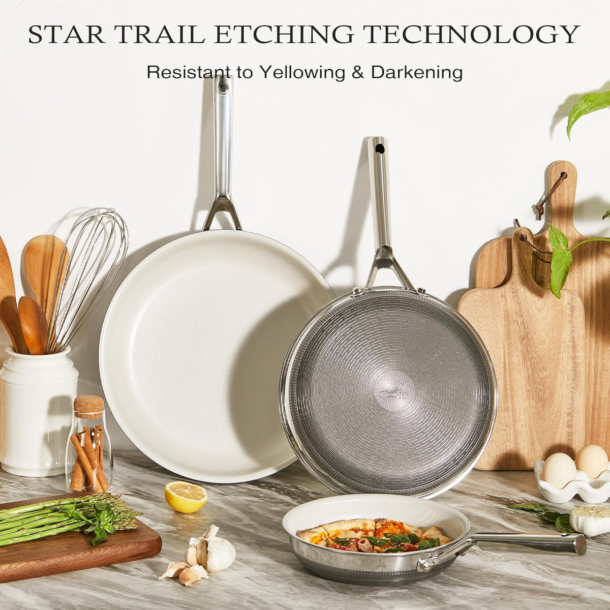KITEXPERT Non Stick Frying Pans Set, Beige Titanium Ceramic Pan, Nonstick Skillet Stainless Steel, PFAS, PFOA & PTFE Free, Dishwasher & Oven Safe, All Cooktops Compatible, 3 Piece (8", 10", 12")