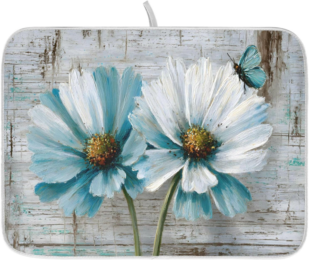 Rustic Teal White Daisy on Vintage Wooden Dish Drying Mat for Kitchen Counter Absorbent Microfiber Large Drying Pad Dish mats for Kitchen Countertops 18 x 24 Inch