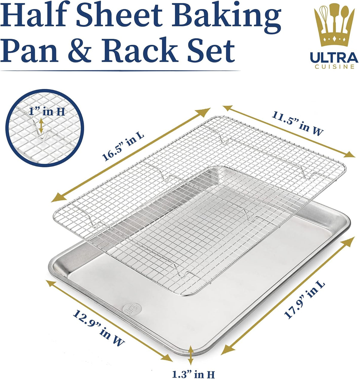 Ultra Cuisine Aluminum Baking Sheet with Stainless Steel Cooling Rack Set -Half Sheet Size Pan 13 x 18 inch, Durable Rimmed Sides, Easy Clean, Commercial Quality for Cooking and Roasting