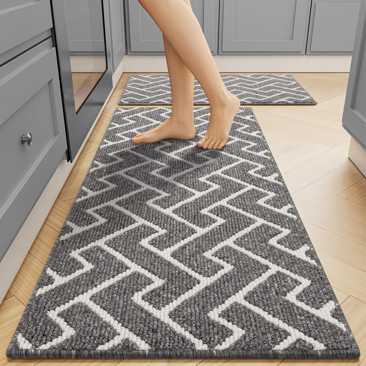 hicorfe Kitchen Rugs and Mats Sets,Non-Slip 2 Pieces Absorbent 100% Polypropylene Rug,Comfort Kitchen Runner Mat,Washable for Kitchen,Sink,Laundry(20" x 31.5" Plus 20" x 59",Grey)